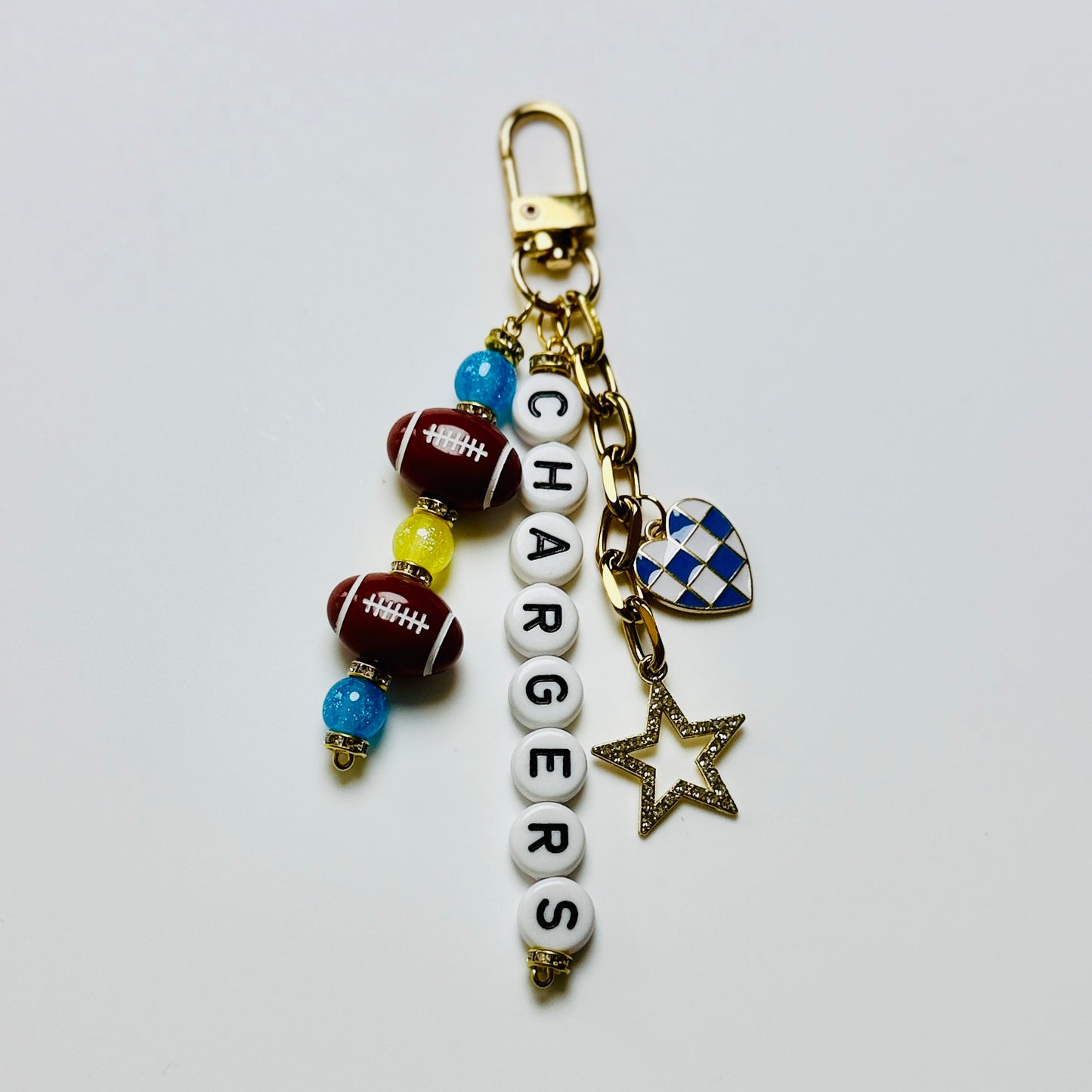 Chargers Football Beaded Keychain – Gold Bag Charm with Letter Beads, Football Beads, & Enamel Heart
