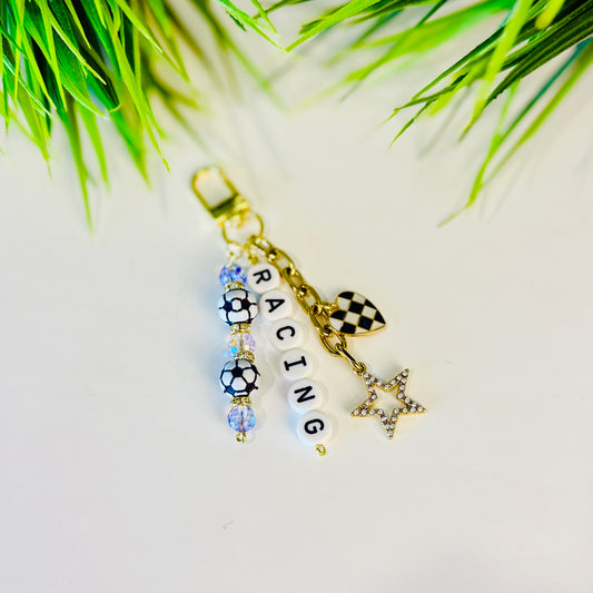 Racing Soccer Bag Charm: Purple and Black Beaded Keychain, Gold Keychain with Star and Heart Charms