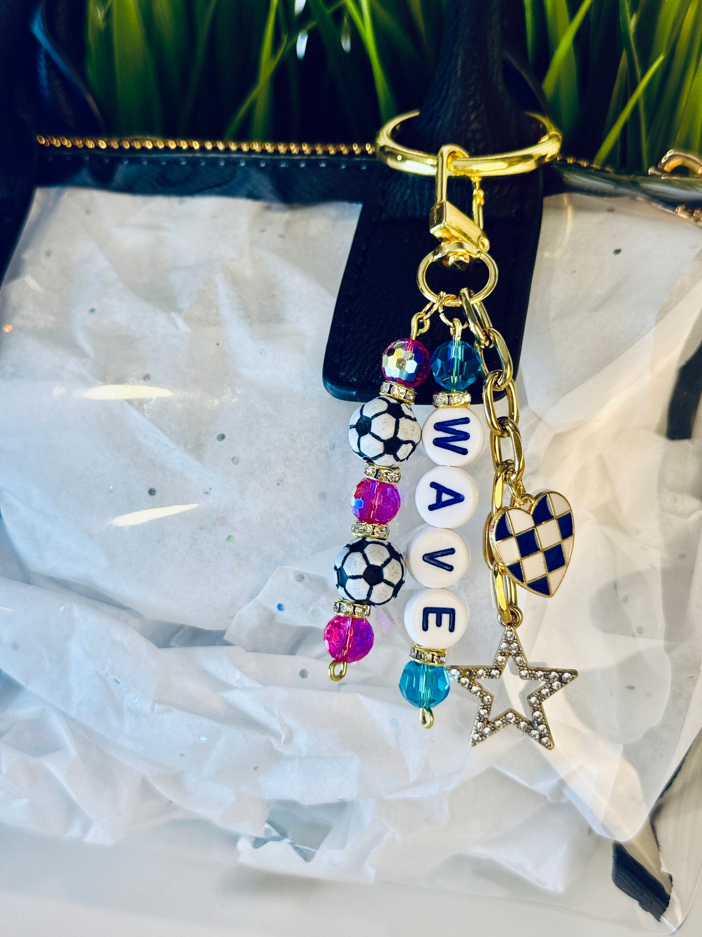 Wave Soccer Bag Charm: Pink and Blue Beaded Keychain, Gold Keychain with Star and Heart Charms