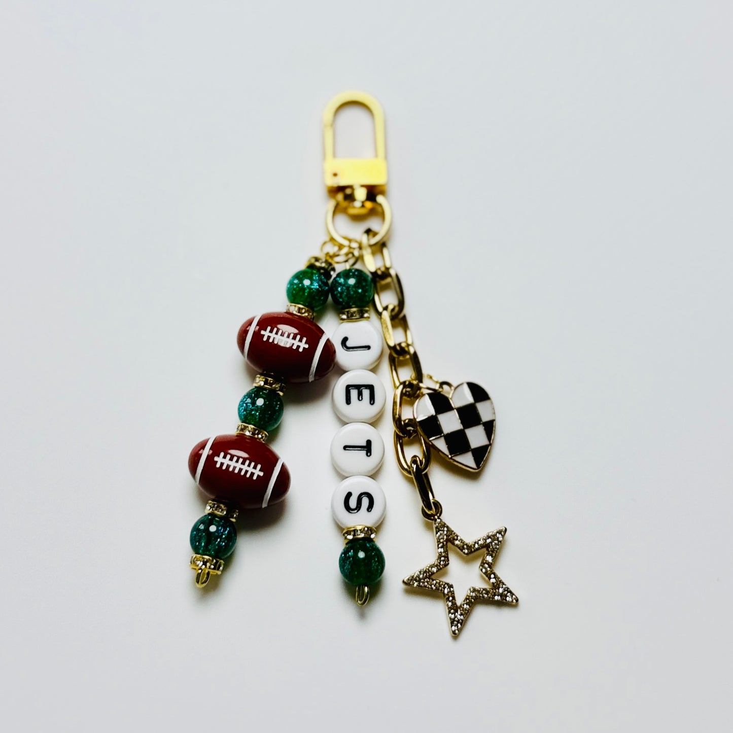 Jets Football Beaded Keychain – Gold Bag Charm with Letter Beads, Football Beads, & Enamel Heart