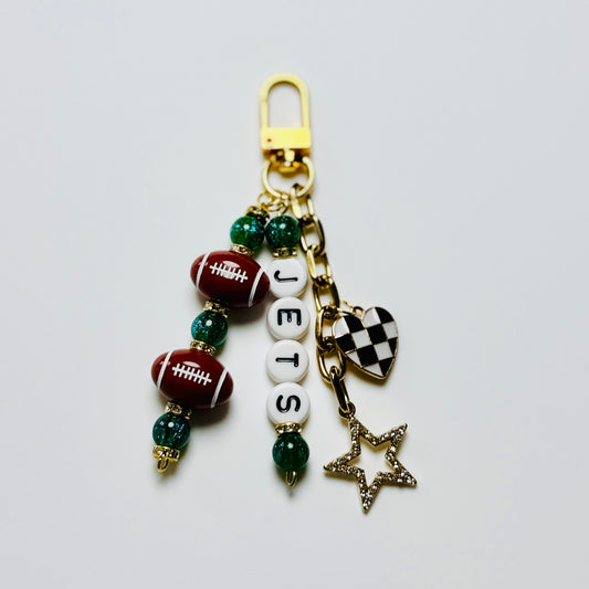 Jets Football Beaded Keychain – Gold Bag Charm with Letter Beads, Football Beads, & Enamel Heart
