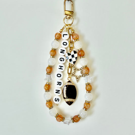Longhorns College Football Bag Charm – Burnt Orange & White Beaded Keychain with Charms – Game Day Purse Clip – Handmade Gift