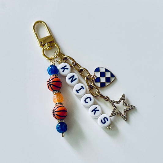 Knicks Basketball Keychain – Gold, Blue & Orange Beaded Keychain with Star and Heart Charms