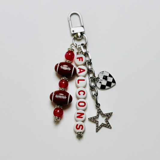Falcons Football Beaded Keychain – Silver Bag Charm with Letter Beads, Football Beads, & Enamel Heart