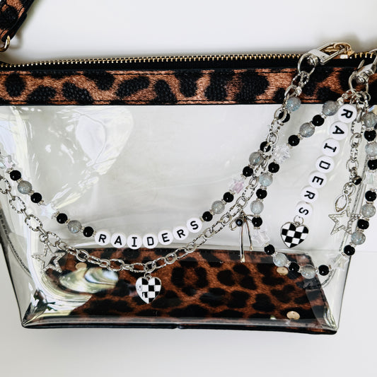 Raiders Football Bag Charm or Chain – Black & Silver Beaded Keychain or Purse Accessory – Game Day Stadium Bag Clip – Handmade Gift