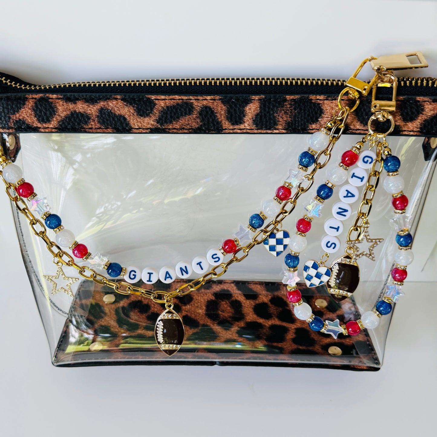 Giants Football Beaded Bag Charm: Red White & Blue Keychain - Handmade