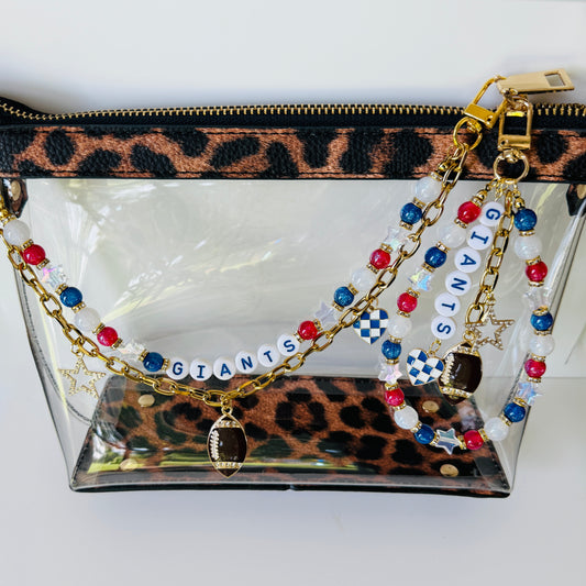 Giants Football Bag Charm or Chain – Red White Blue Beaded Keychain or Purse Accessory – Game Day Stadium Bag Clip – Handmade Gift