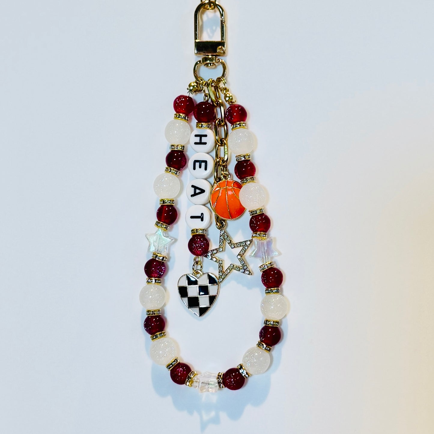 Heat Basketball Bag Charm: Handmade Red and White Beaded Keychain with Charms