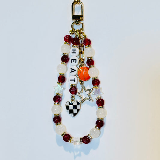 Heat Basketball Bag Charm: Handmade Red and White Beaded Keychain with Charms