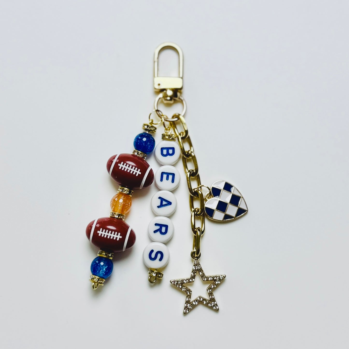Bears Football Beaded Keychain – Gold Bag Charm with Letter Beads, Football Beads, & Enamel Heart