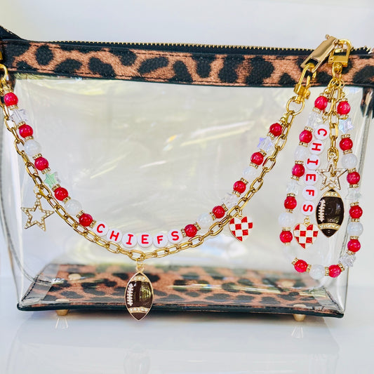 Chiefs Red & White Beaded Bag Charm or Gold Chain – Football Purse Accessory, 6” Beaded Charm, 12.5” Chain, Custom Game Day Add-On