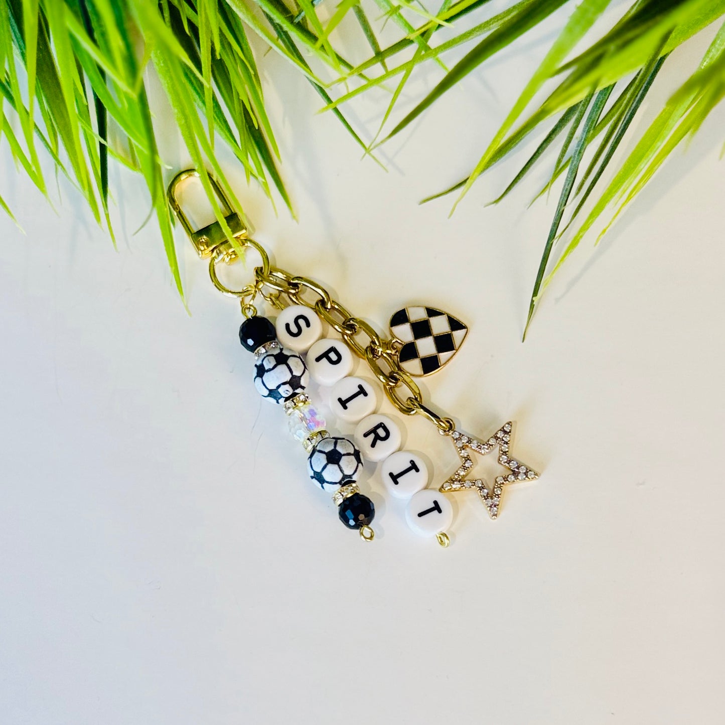 Spirit Soccer Bag Charm: Clear and Black Beaded Keychain, Gold Keychain with Star and Heart Charms