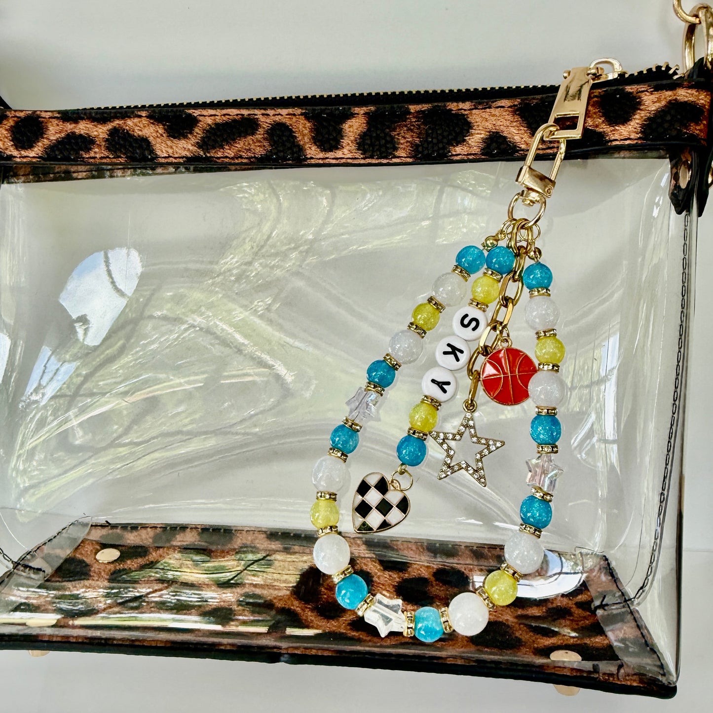 Sky Women’s Basketball, Blue, Yellow, White Basketball Bag Charm – 6.5” Handmade Beaded Keychain with Charms, Sports Bag Accessory, Resin Beads