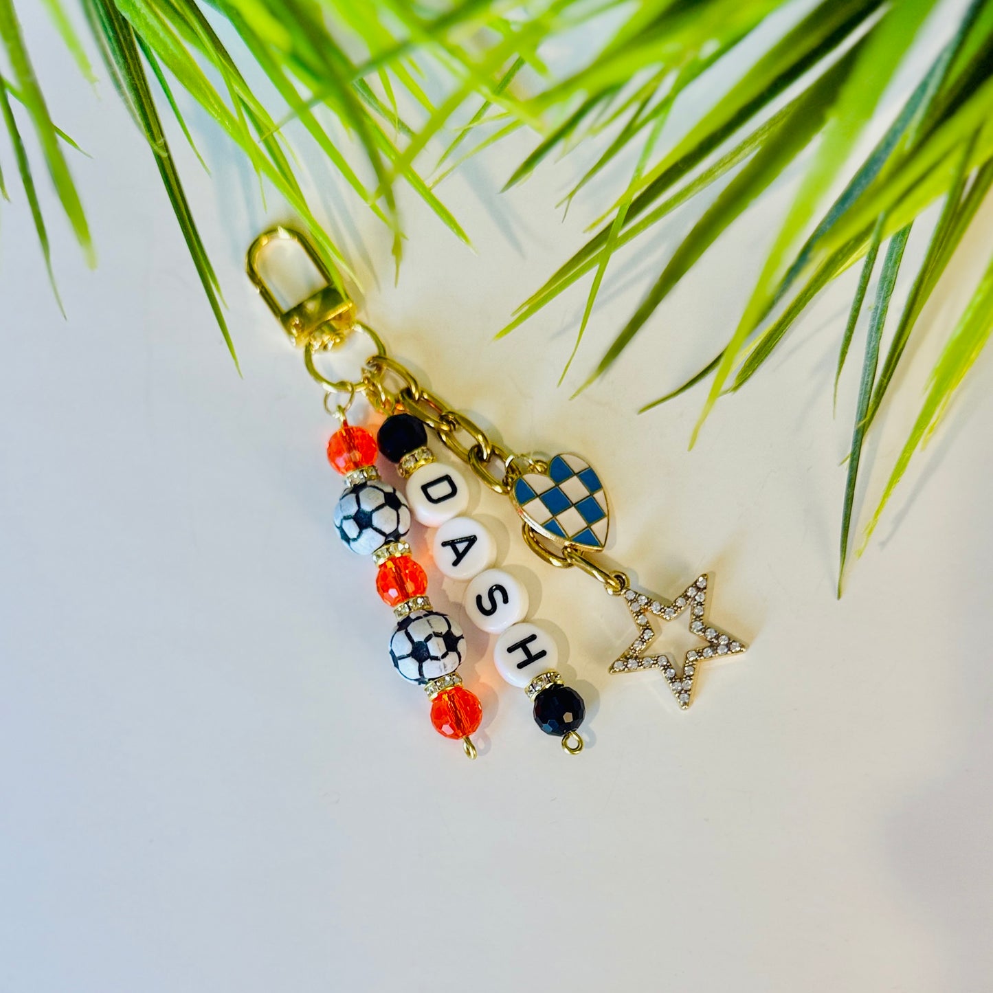 Dash Soccer Bag Charm: Blue, Black and Orange Beaded Keychain, Gold Keychain with Star and Heart Charms