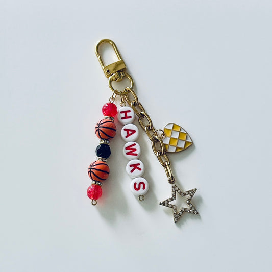 Hawks Basketball Keychain – Red & Black Beaded Keychain with Star and Heart Charms