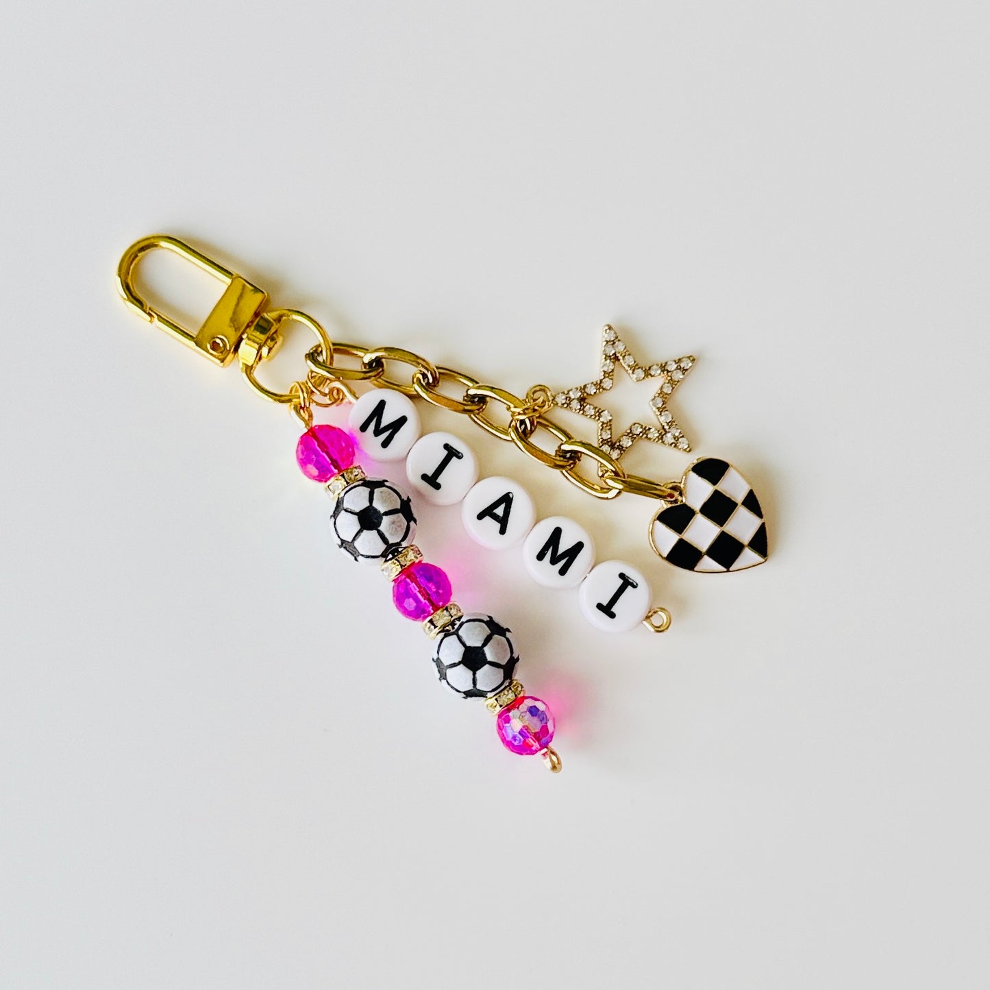 Men's Soccer Beaded Keychain: Gold Bag Charm with Enamel Heart and Star