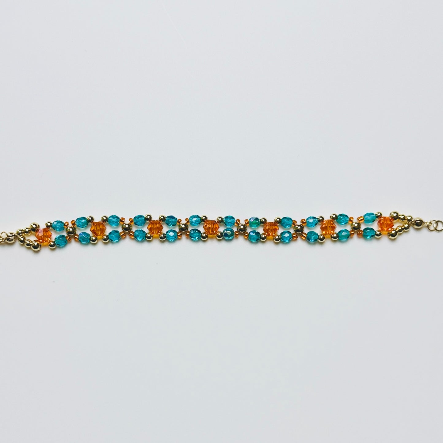 Showgirl Era Beaded Bracelet – Teal Green Czech Glass and Orange Crystal with 18k Gold Plated Beads, Stretch or Lobster Clasp