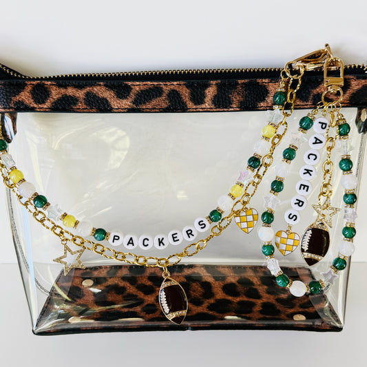 Packers Football Bag Charm | Handmade Beaded Keychain + Bag Chain | Green Bay Game Day Purse Accessory