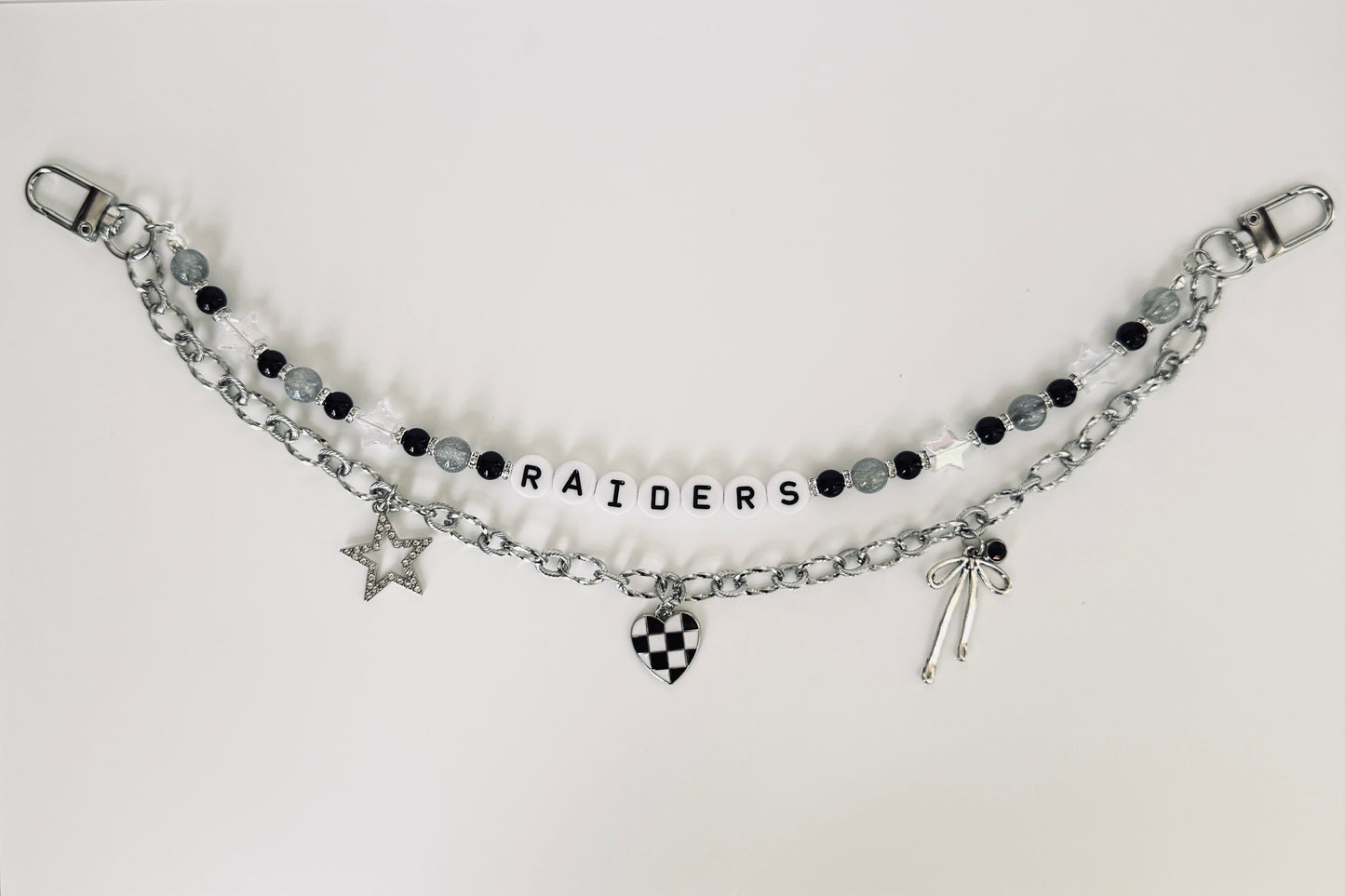 Raiders Beaded Bag Charm or Chain: Black & Silver Game Day Accessory