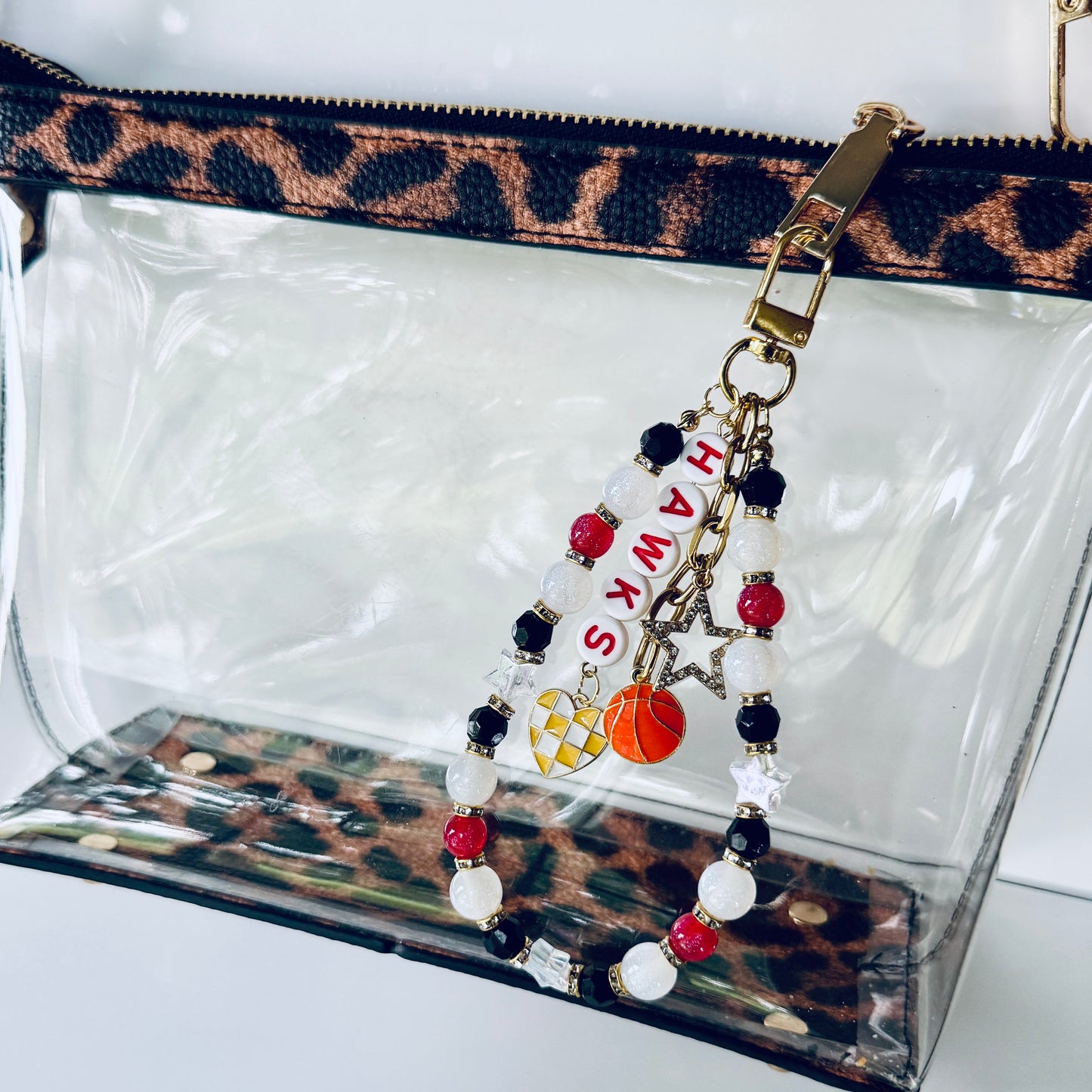 Hawks Beaded Bag Charm: Red & White Keychain with Football, Heart and Star Charms