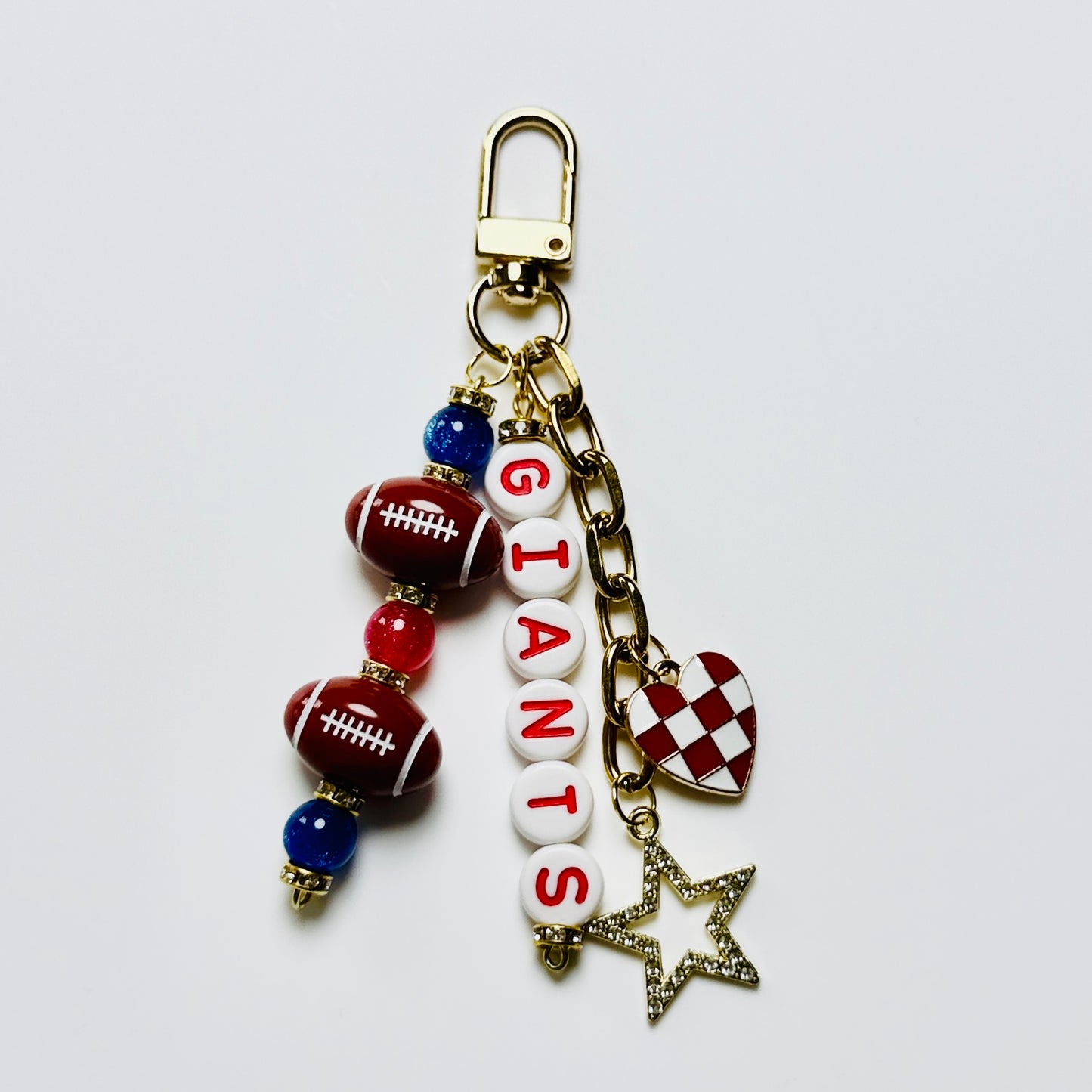 Giants Football Beaded Keychain – Gold Bag Charm with Letter Beads, Football Beads, & Enamel Heart