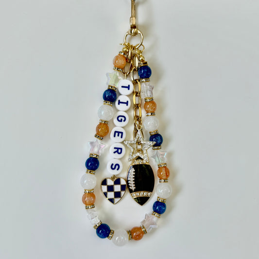 Tigers College Football Bag Charm – Blue, Orange & White Beaded Keychain with Charms – Game Day Purse Clip – Handmade Gift