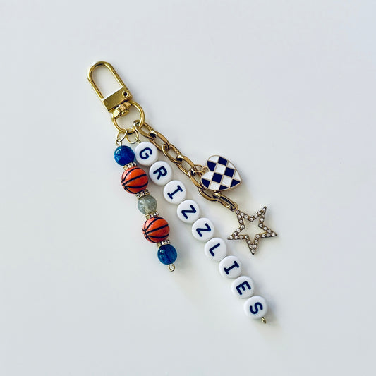 Grizzlies Basketball Keychain – Gold, Gray & Blue Beaded Keychain with Star and Heart Charms