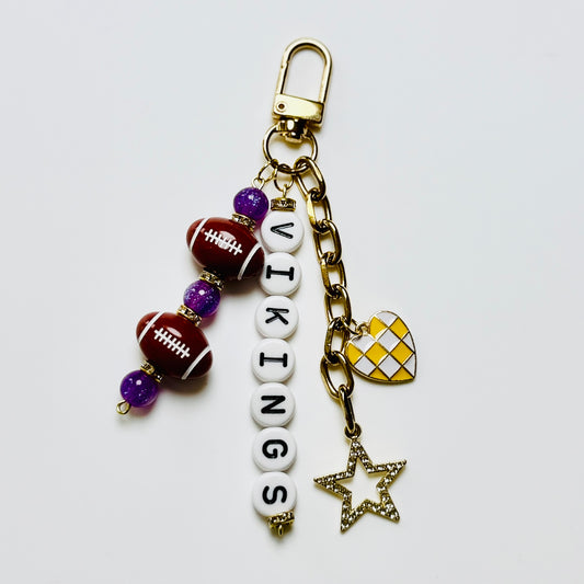 Vikings Football Beaded Keychain – Gold Bag Charm with Letter Beads, Football Beads, & Enamel Heart