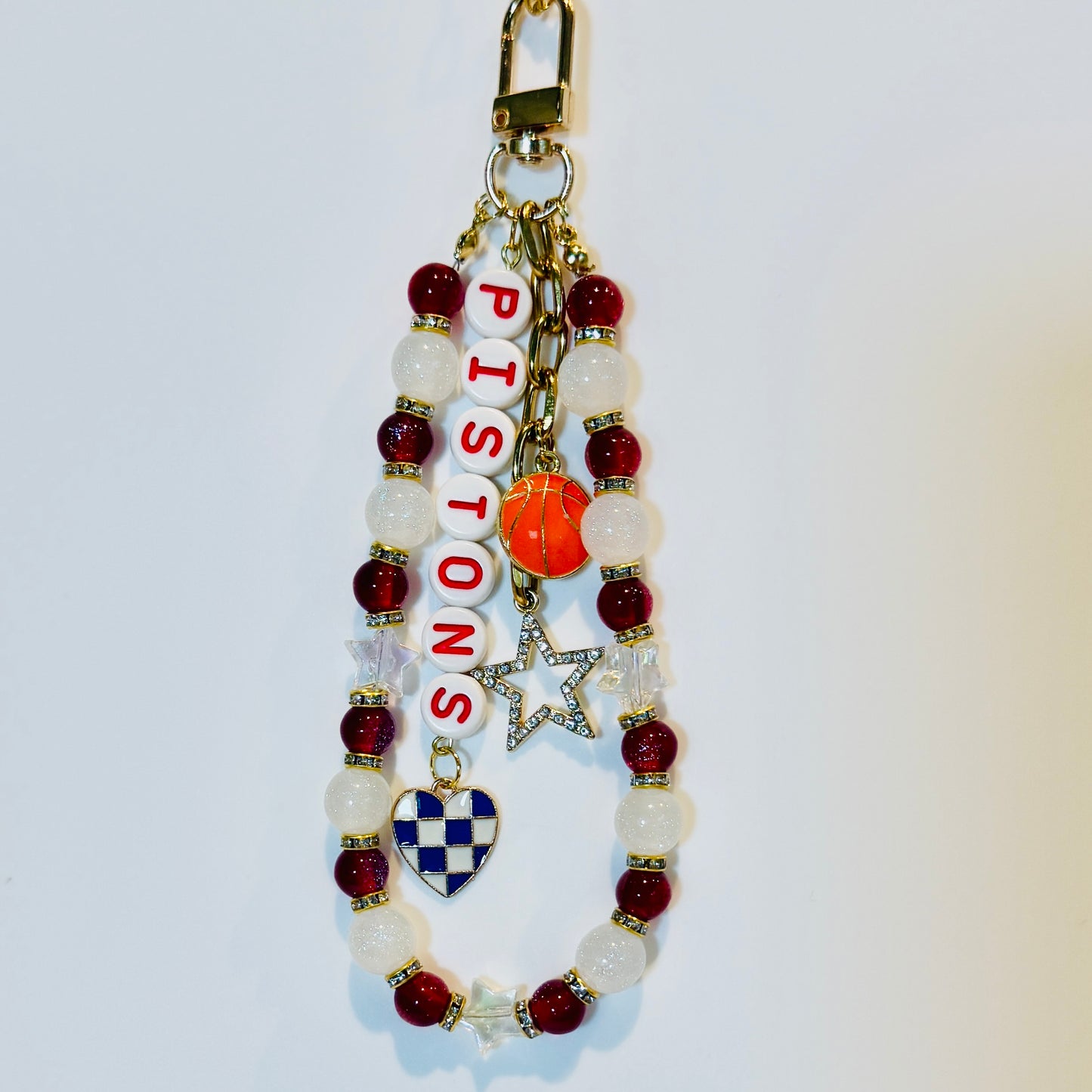 Pistons Basketball Bag Charm: Handmade Red and White Beaded Keychain with Charms