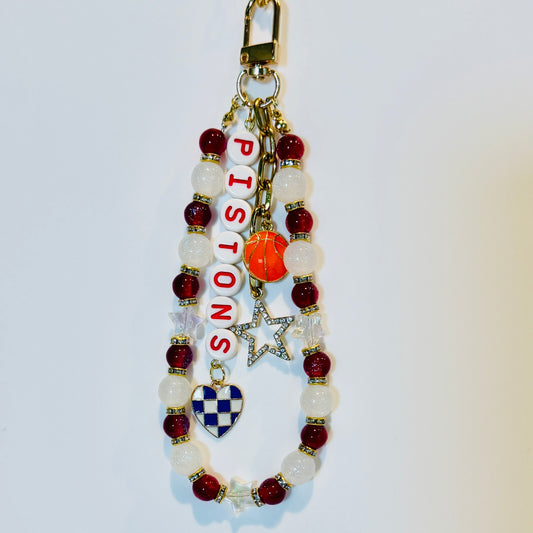 Pistons Basketball Bag Charm: Handmade Red and White Beaded Keychain with Charms