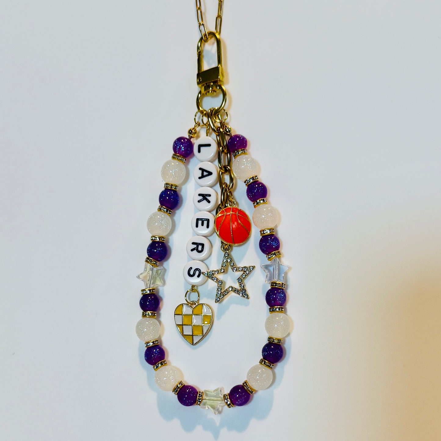 Lakers Basketball Bag Charm: Handmade Purple, Yellow and White Beaded Keychain with Charms