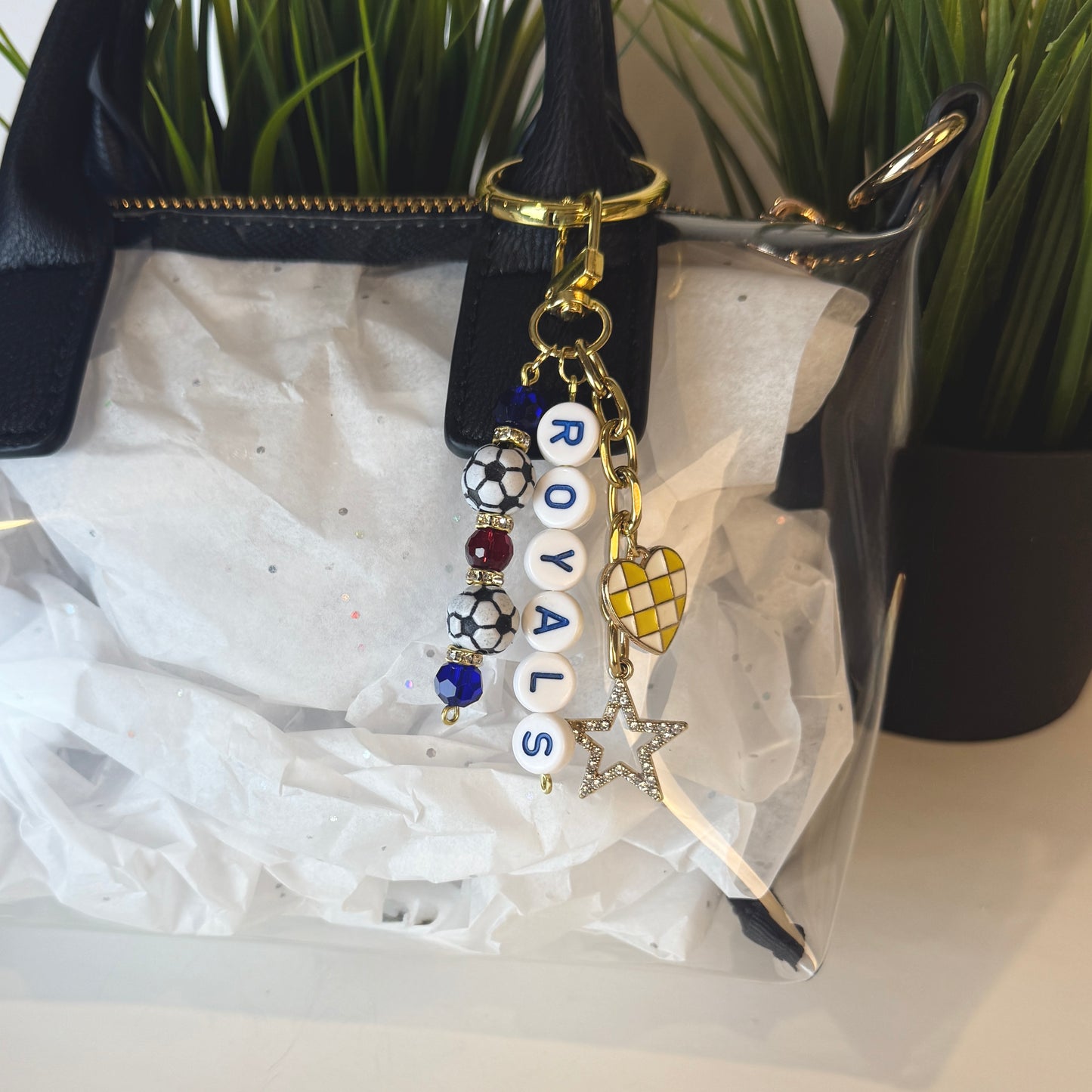 Royals Soccer Bag Charm: Blue and Black Beaded Keychain, Gold Keychain with Star and Heart Charms