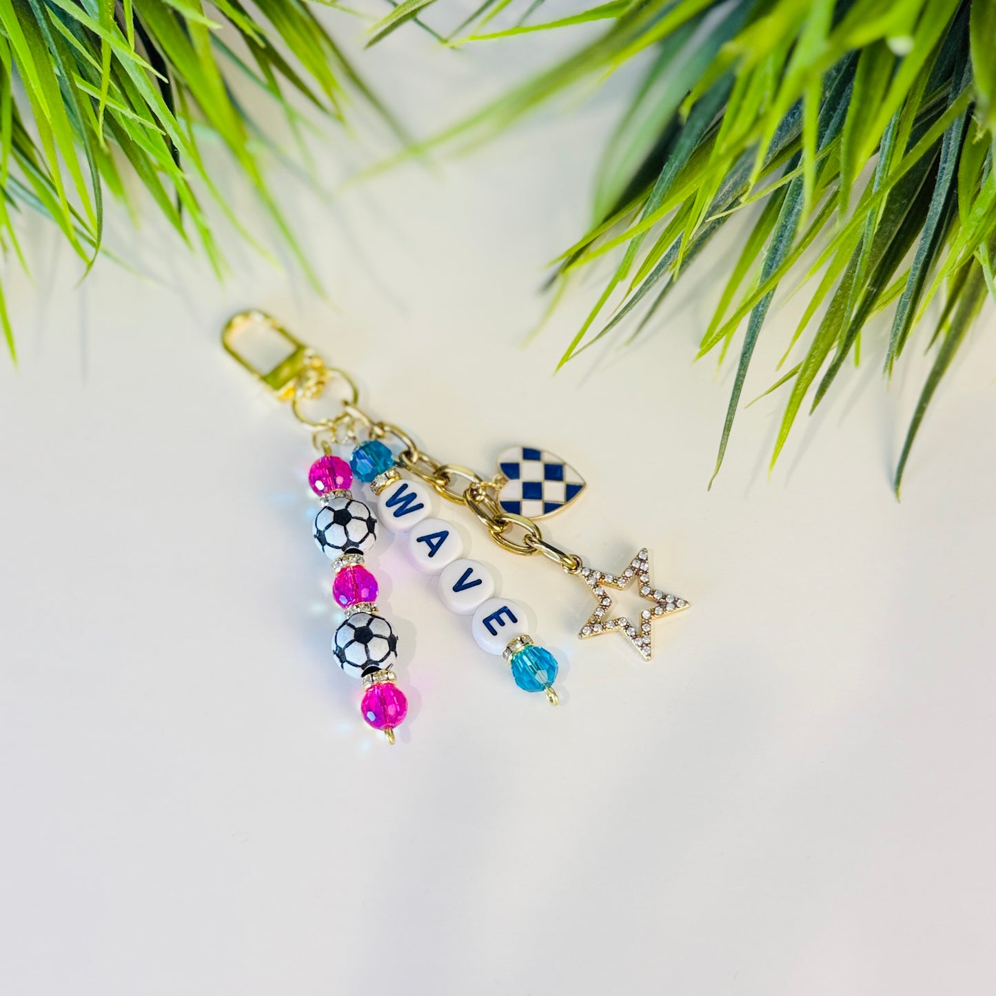Women's Soccer Bag Charm Beaded Keychain: Custom Team and Colors with Gold Star Charm, Soccer Beads