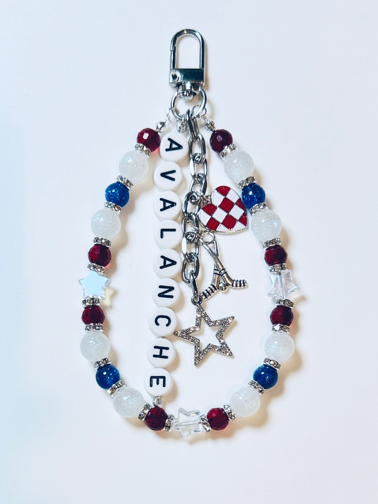 Avalanche Hockey Bag Charm: Red, Blue Beaded Keychain with Hockey Charms