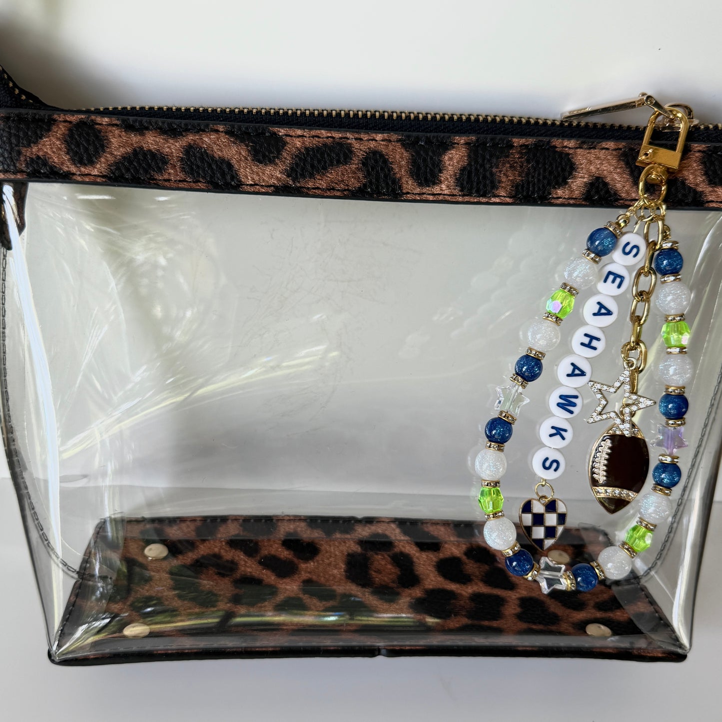 Seahawks Football Bag Charm or Chain – Blue Green Beaded Keychain or Stadium Purse Clip – Game Day Accessory – Handmade Gift