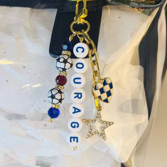 Courage Soccer Bag Charm: Blue and Red Beaded Keychain, Gold Keychain with Star and Heart Charms