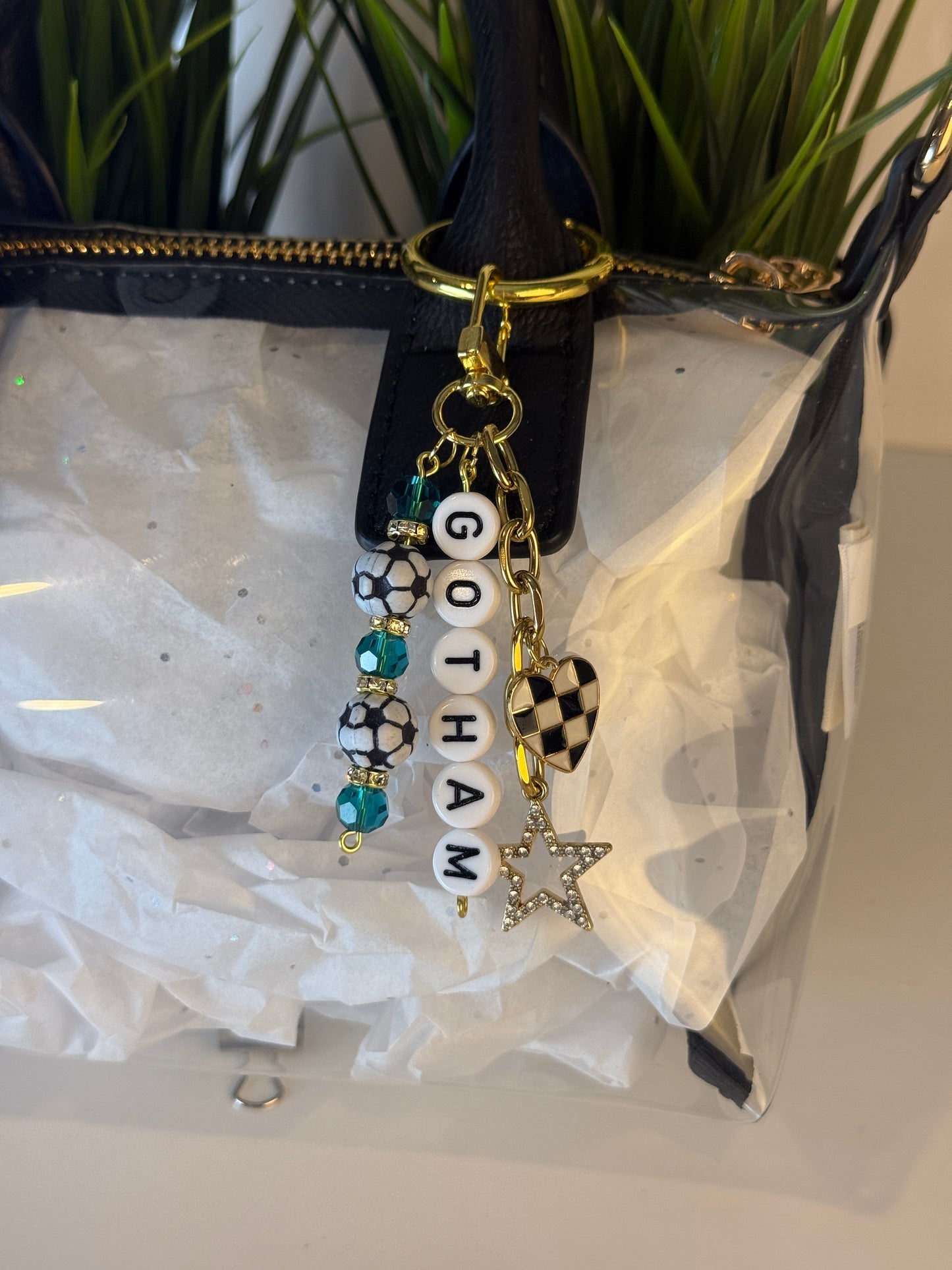 Gotham Soccer Bag Charm: Sky Blue Beaded Keychain, Gold Keychain with Star and Heart Charms