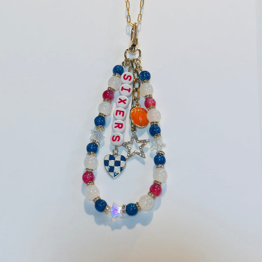Sixers Basketball Bag Charm: Handmade Blue, Red and White Beaded Keychain with Charms