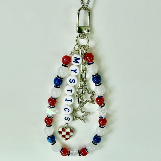 Mystics Women’s Basketball, Silver, Blue, Red, White Basketball Bag Charm – 6.5” Handmade Beaded Keychain with Charms, Sports Bag Accessory, Resin Beads