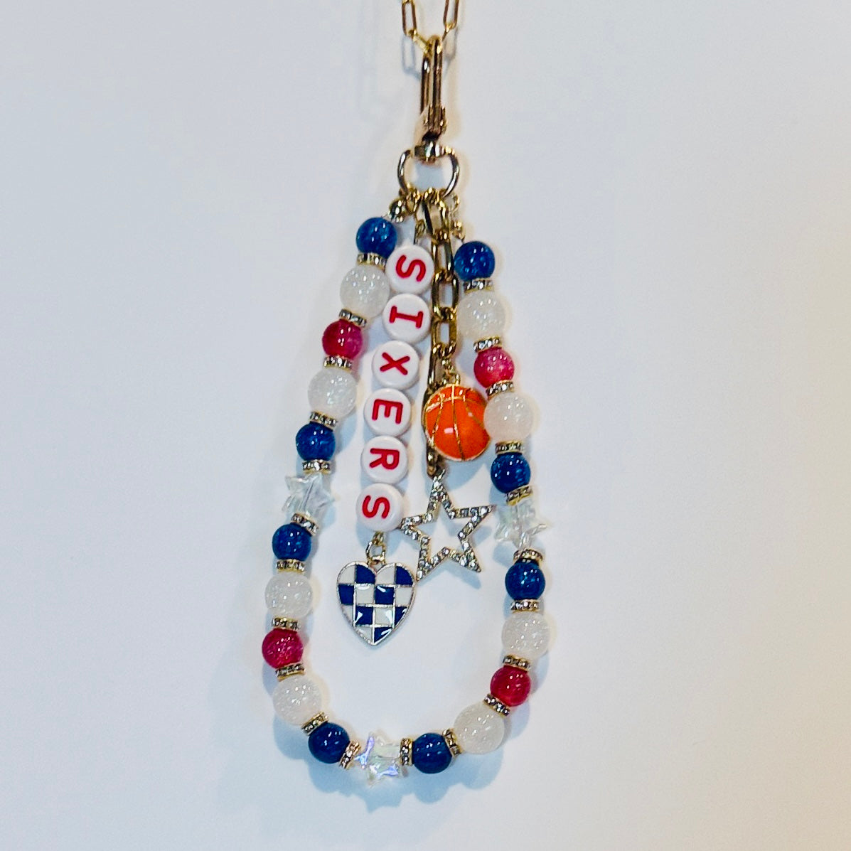 Sixers Basketball Bag Charm: Handmade Blue, Red and White Beaded Keychain with Charms