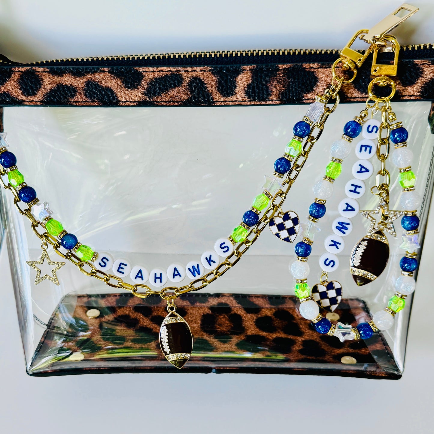 Seahawks Football Bag Charm or Chain – Blue Green Beaded Keychain or Stadium Purse Clip – Game Day Accessory – Handmade Gift