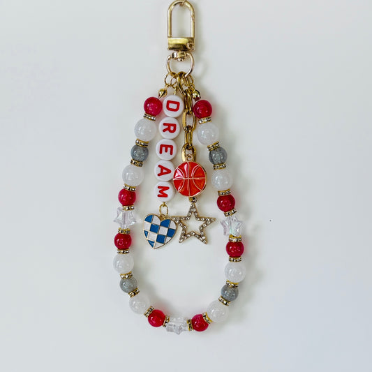 Dream Basketball Bag Charm: Handmade Red & White Beaded Keychain with Charms