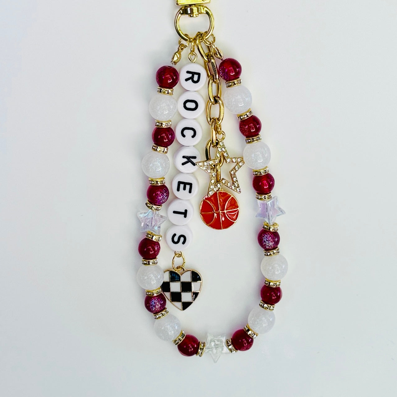 Rockets Basketball Bag Charm: Handmade Red and White Beaded Keychain with Charms
