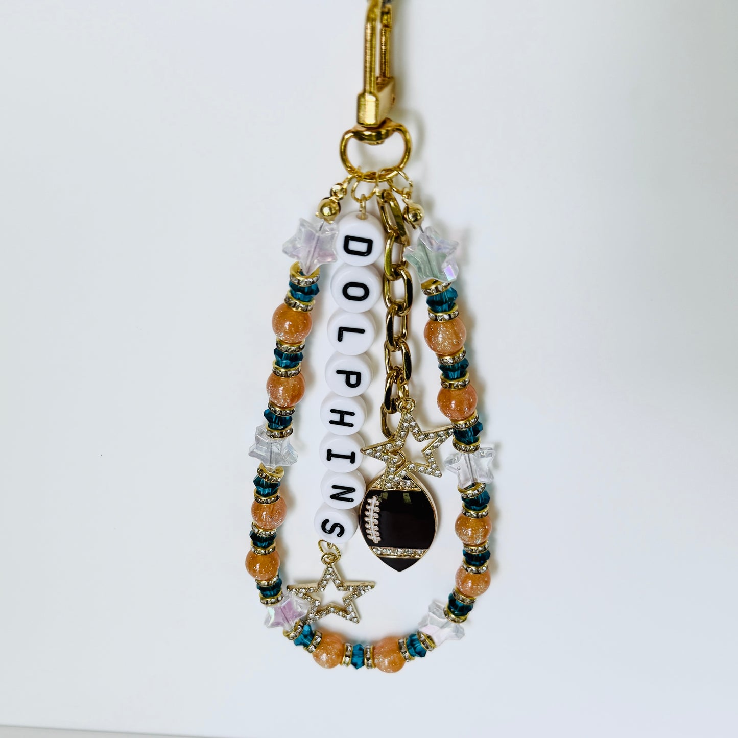 Dolphins Football Bag Charm or Chain – Teal & Gold Beaded Keychain or Purse Clip – Game Day Stadium Bag Accessory – Handmade Gift