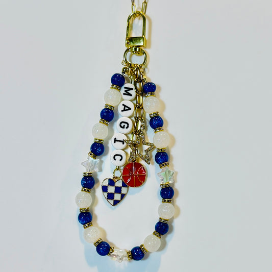 Magic Basketball Bag Charm: Handmade Blue and White Beaded Keychain with Charms