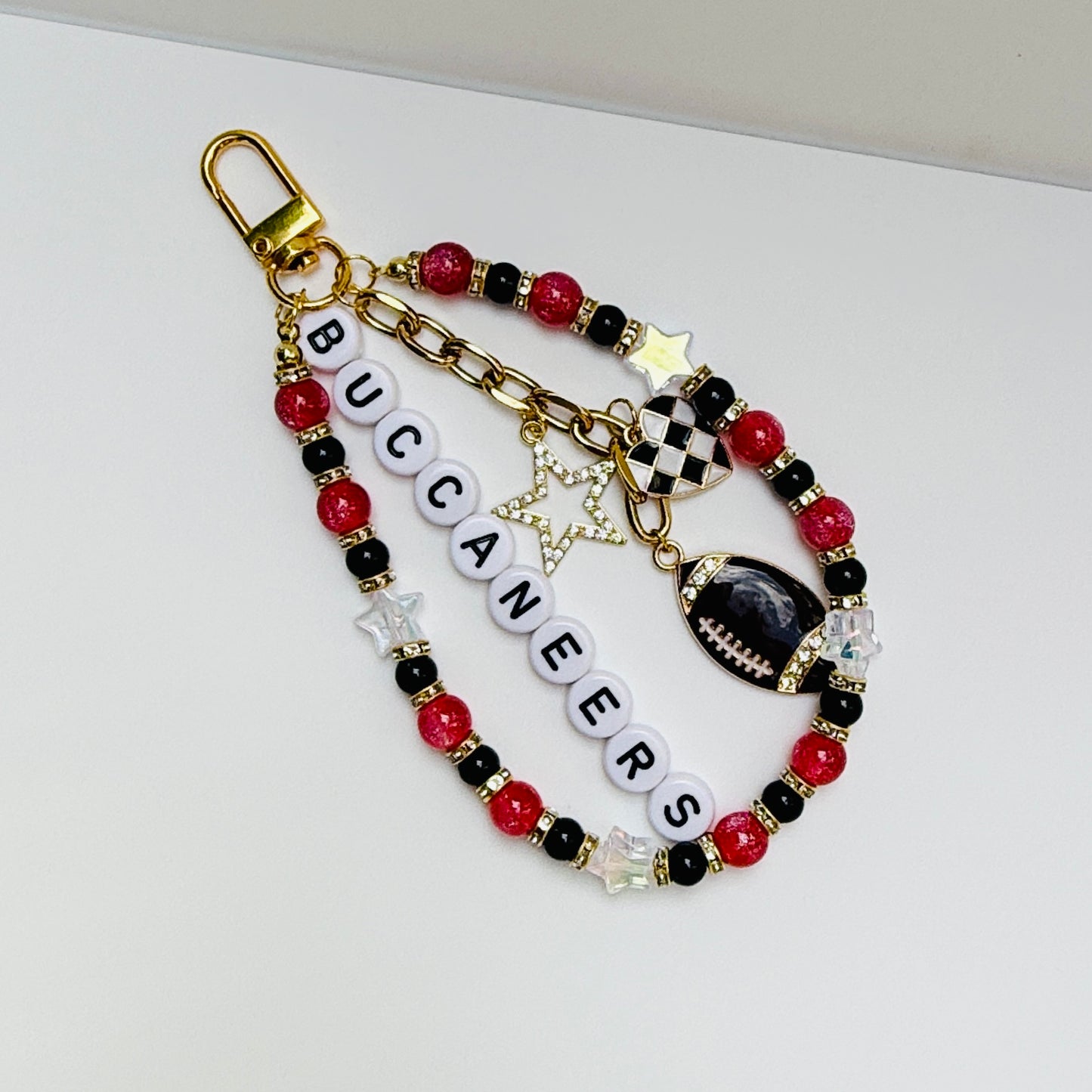 Buccaneers Beaded Bag Charm or Gold Chain:  Football Purse Accessory