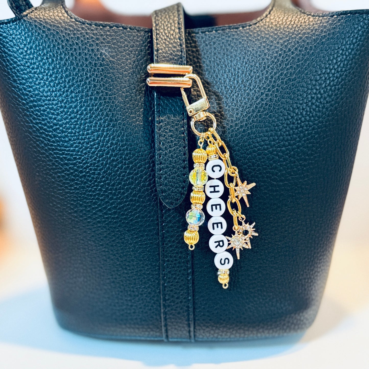 Cheers Bag Charm: Black and Gold Holiday Keychain
