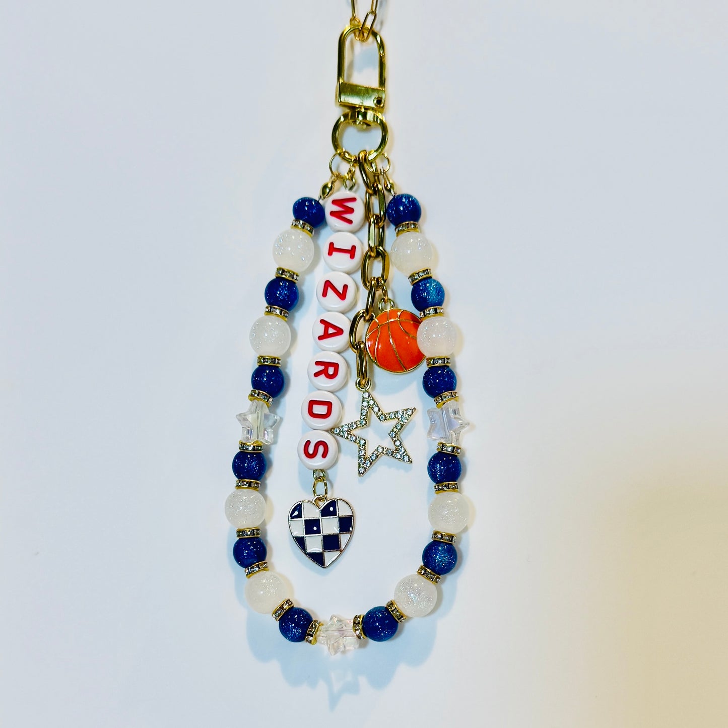 Wizards Basketball Bag Charm: Handmade Blue and White Beaded Keychain with Charms