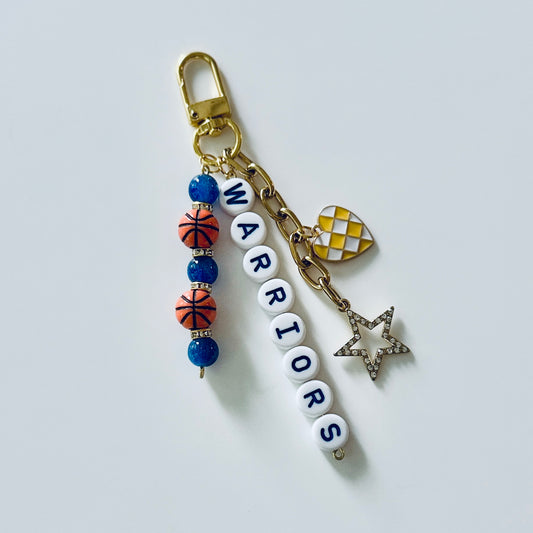Warriors Basketball Keychain – Blue & Yellow Beaded Keychain with be Star and Heart Charms