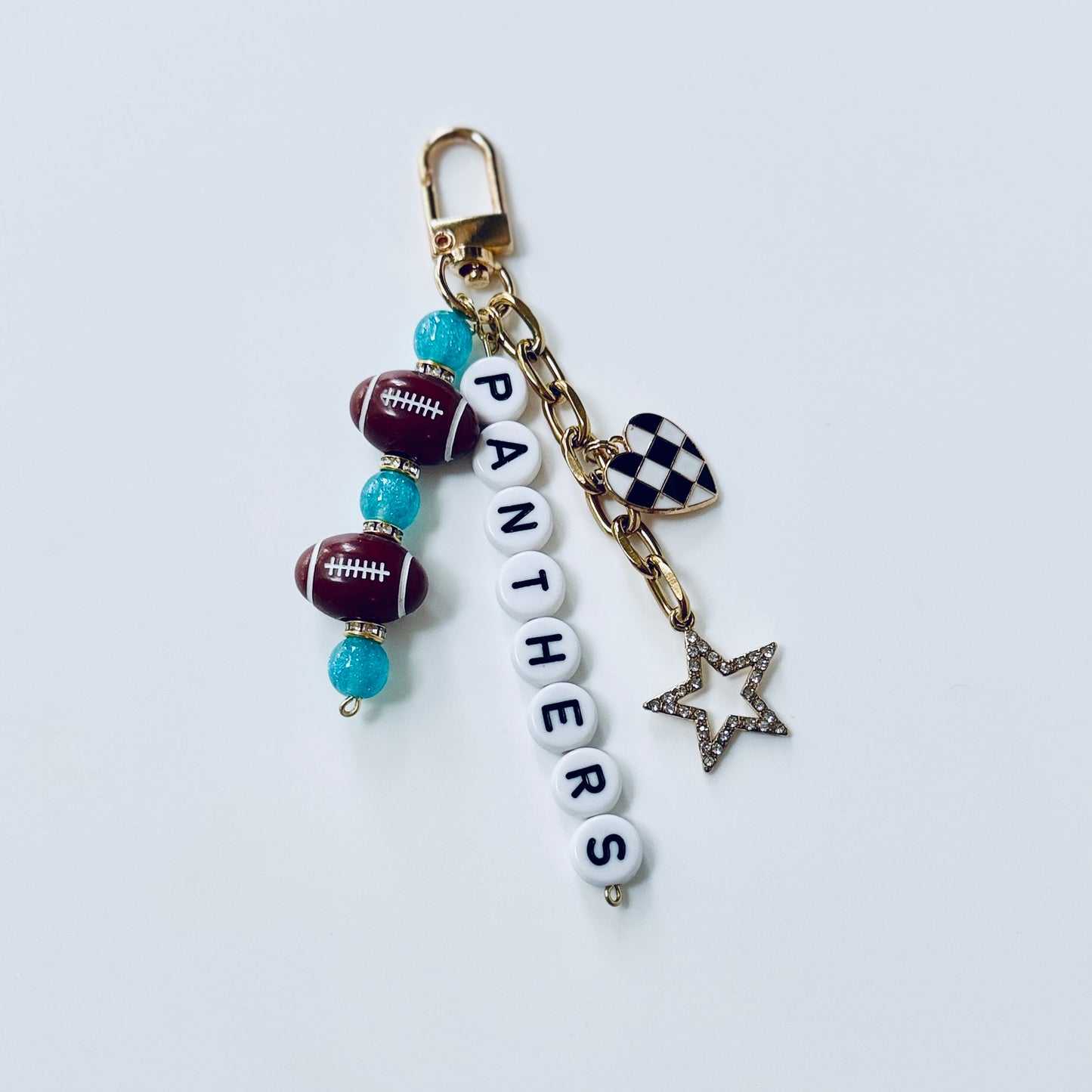 Panthers Football Beaded Keychain: Gold Bag Charm with Enamel Heart and Star